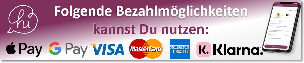 Die aktuellen Bezahlmöglichkeiten der Hildesheim App, hiApp. Das sind ApplePay, GooglePay, VISA, Mastercard, AmericanExpress, klarna.